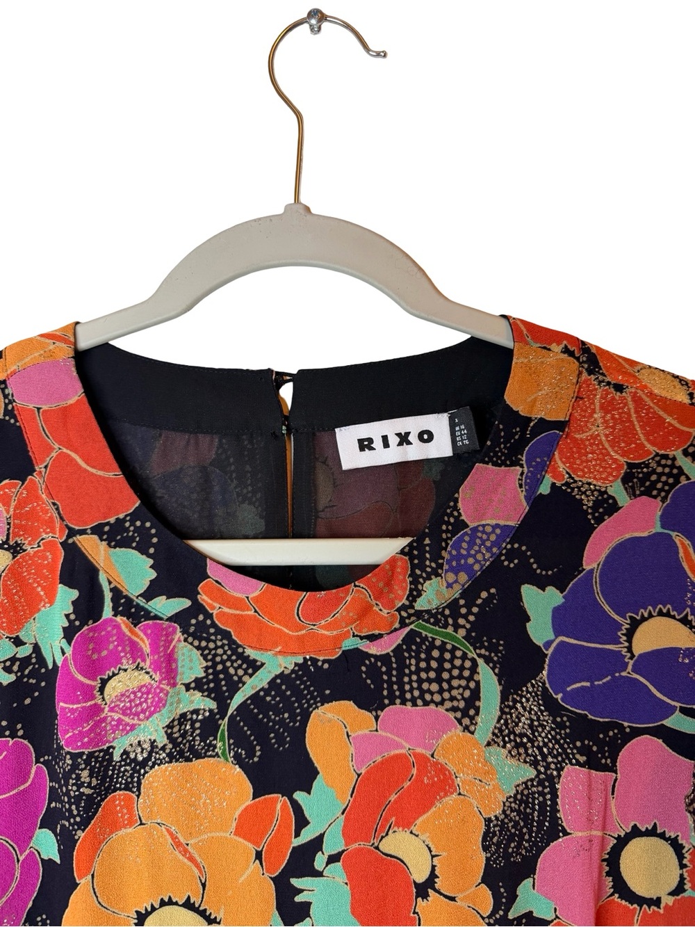 RIXO Dion Glitter Floral Print Georgette Mini Dress Ruched Sleeve Boho London XL - Picture 4 of 12